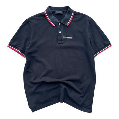 Rotes Prada Milano Herren Poloshirt mit roten Tab-Details, Größe L, aus weichem Baumwollstoff, lässiges Mode-Design.