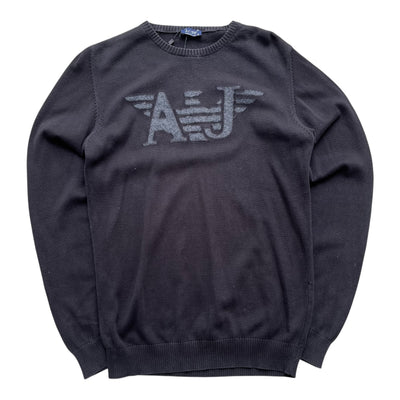Vintage Armani Jeans Large Eagle Front Logo Knit Jumper Black | M