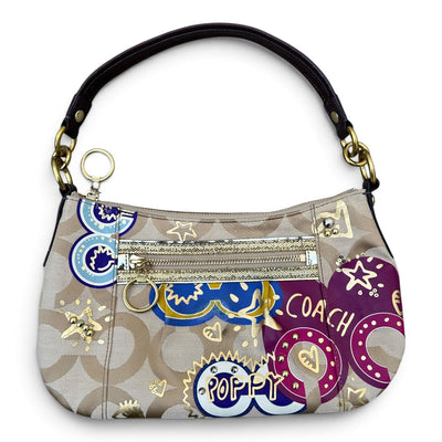 Vintage Coach Poppy Graffiti Signature Schultertasche, Crossbody, mit auffälligem Graffiti-Design und Signature-Muster.