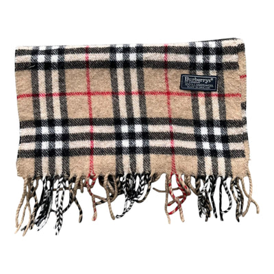 Vintage Burberry Schal aus Lambswool mit klassischem beigen Nova-Checkmuster, weiche Textur und elegantes Design.