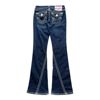 True Religion Vintage Joey Super T Flare Jeans, Damen, hellblaue Denim-Hosen mit weitem Bein und klassischen Nähdetails