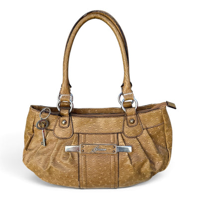 Guess Vintage Schultertasche aus Straußenleder-Optik, große Tote Bag mit eleganten Details und stilvollem Design.
