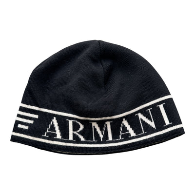 Vintage Emporio Armani Beanie mit großem Logo, weiche Strickmütze in Schwarz mit prominentem Armani-Logo.