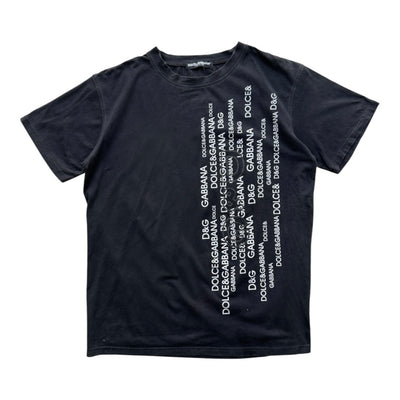 Schwarzes Vintage T-Shirt von Dolce & Gabbana mit vertikalem Multi-Logo Grafik, Größe M, lässiger Streetwear-Look