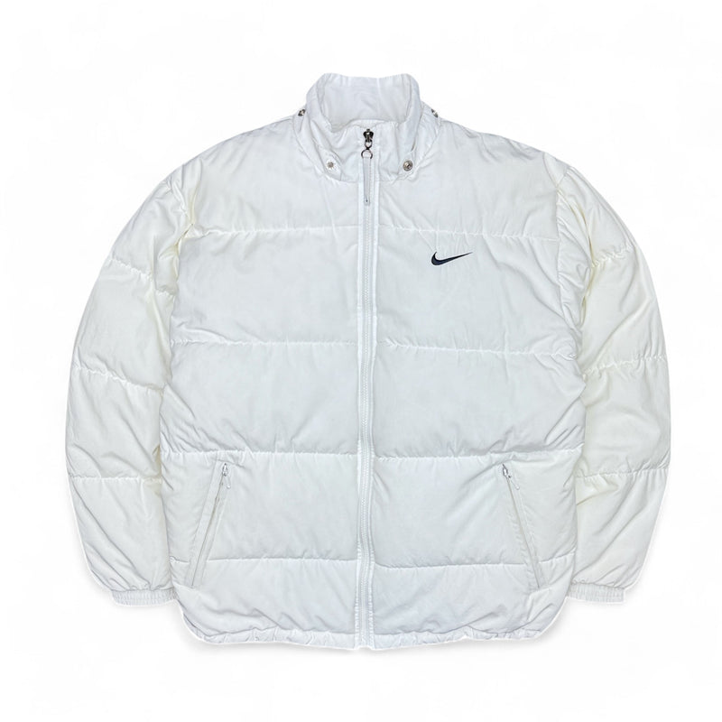 Nike Vintage 90s Rare Down Spellout Pufferjacke Weiß