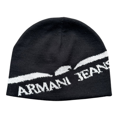 Schwarze und weiße Armani Jeans Eagle Logo Strickmütze, weiches Material, modisches Design, bequemer Sitz, für kalte Tage