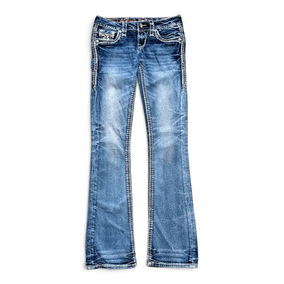 Vintage Rock Revival Fleur de Lis Crystal Flap Pocket Bootcut Jeans | W25