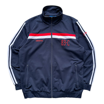 Vintage Adidas Originals 83-C Trackjacke in XL, dunkelblau mit weißen Streifen und Reißverschluss, sportliches Retro-Design