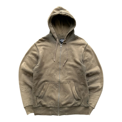 Vintage Stüssy Monogram Embossed Full-Zip Hoodie – Khaki/Olive | L