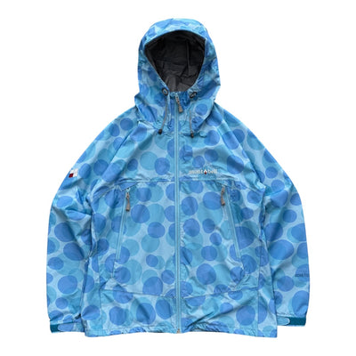 Montbell Vintage GORE-TEX Regenjacke für Outdoor, bedruckt, in Größe S, wasserabweisend und atmungsaktiv, mit Kapuze.