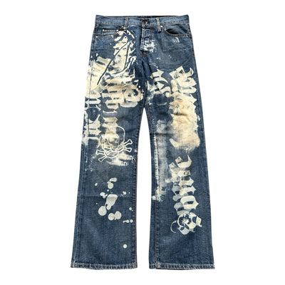 Vintage Energie Graffiti Print Bootcut Jeans mit auffälligem Street-Art-Design, W32, aus weichem Denim gefertigt.