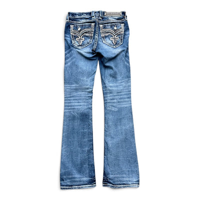 Vintage Rock Revival Fleur de Lis Crystal Flap Pocket Bootcut Jeans | W25