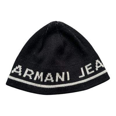 Armani Jeans Vintage Big Logo Beanie, schwarze Strickmütze mit großem Markenlogo, warm und stilvoll für kaltes Wetter