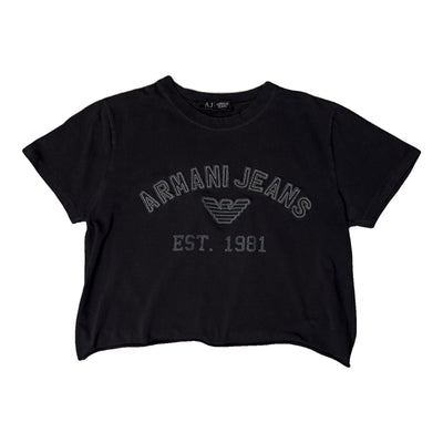 Armani Jeans Vintage Spellout Crop T-Shirt in M, schwarzes Damen-T-Shirt mit Logo-Print und modernen Schnitt.