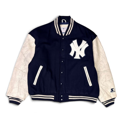 Vintage Starter New York Yankees Lederjacke im 90er-Jahre-Stil, Varsity-Design, große L, klassische MLB-Baseballjacke