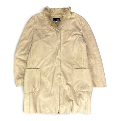 Armani Jeans Vintage Wollmantel im Wildleder-Look mit Fellkragen, warm und stilvoll für den Winter, Größe M