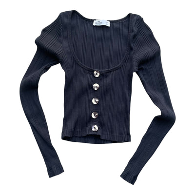 Vintage Hollister Damen-Rippstrick-Langarmshirt mit Knöpfen, in Größe M, aus weichem Stoff, stilvoll und bequem.