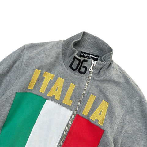 Vintage Dolce & Gabbana asymmetrische Italia Reißverschluss Trackjacke in Grau, sportlicher Schnitt, auf einem Kleiderbügel hängend