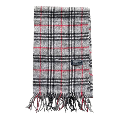 Vintage Burberry Schalschurwollschal mit grauem und rotem Nova-Karo-Muster, ikonischer Burberry Check, weiche Textur.
