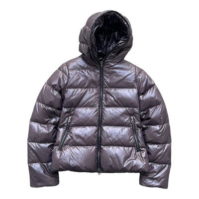 Duvetica Vintage glänzende Daunenjacke mit Kapuze für Damen, sichtbar im stilvollen, glänzenden Design.