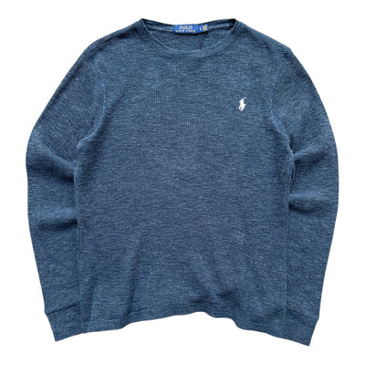 Vintage Ralph Lauren Thermal Langarmshirt aus Waffelstrick, bequem und stilvoll, in Größe L sichtbar auf dem Bild.