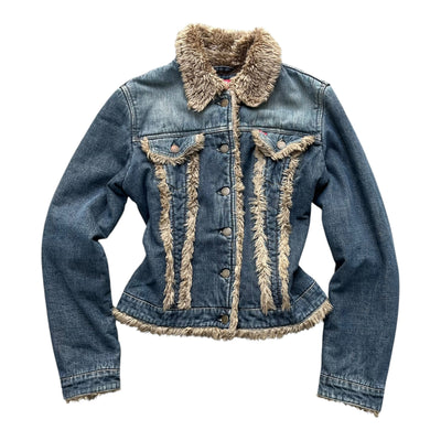 Vintage Miss Sixty Damen Jacke mit Faux-Fell und Denim, L, stilvolle warme Winterjacke mit modischem Design.