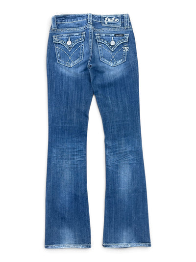 Miss Me Low Waist Bootcut Jeans in Größe W25, dunkelblaue Damenjeans mit Gesäßtaschen