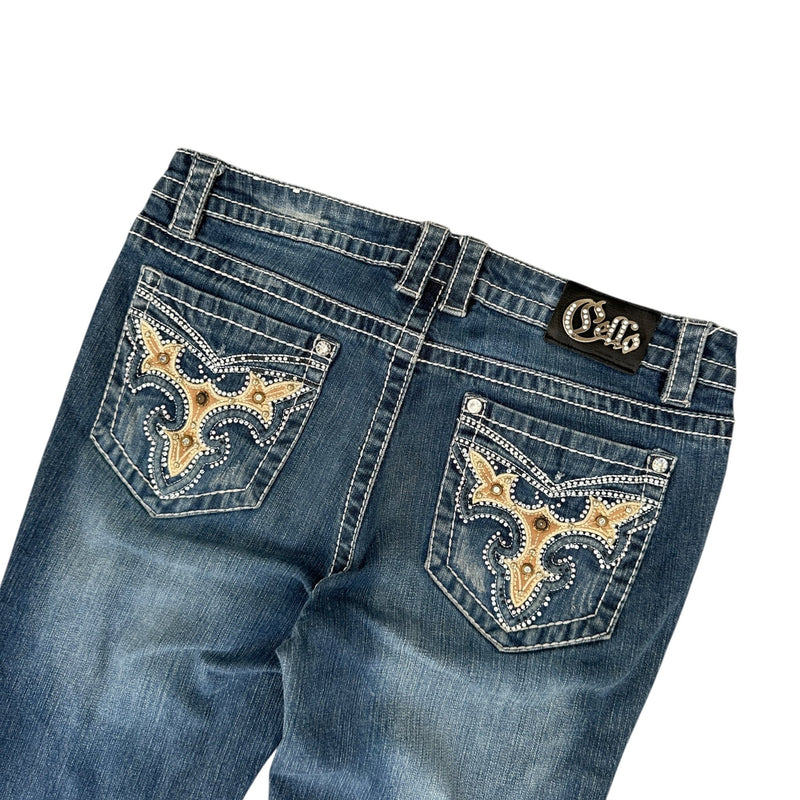 Cello Jeans Flared Denim – Embellished Y2K Back Pockets - vintageconcierge
