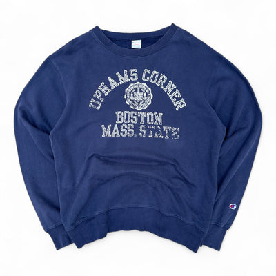 Champion Sweatshirt „Uphams Corner – Boston Mass. State“ | Vintage College Crewneck in Navy - vintageconcierge