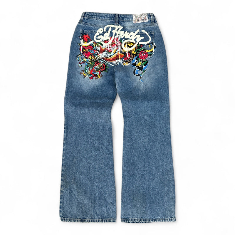 Ed Hardy Vintage Flare Jeans – Dragon Tattoo Backprint - vintageconcierge