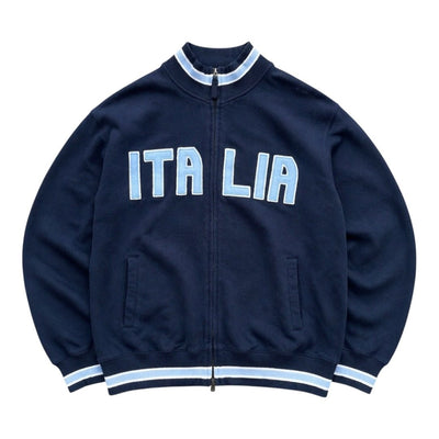 Kappa Italia Y2K Trackjacke in dunkelblauer Vintage-Optik, sportliche Passform, sichtbare Reißverschlüsse und Kappa-Logo.
