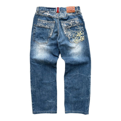 Karakuri Japanese Embroidery Denim Jeans Blue | S - vintageconcierge