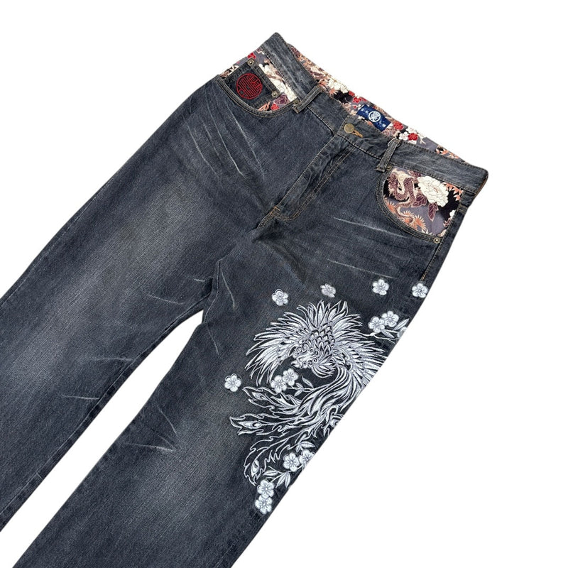 Karakuri Japanese Flower Denim Jeans - vintageconcierge