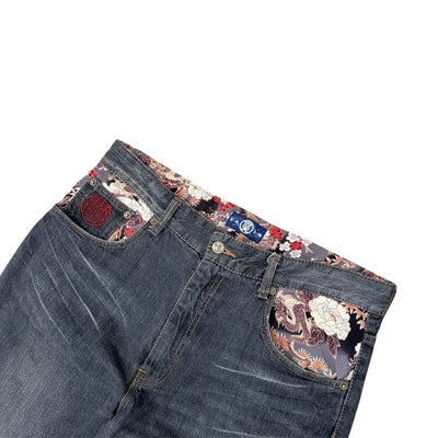 Karakuri Japanese Flower Denim Jeans - vintageconcierge
