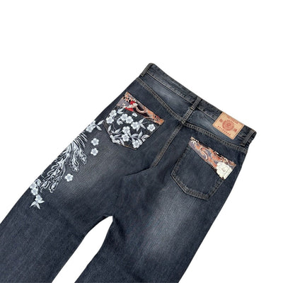 Karakuri Japanese Flower Denim Jeans - vintageconcierge