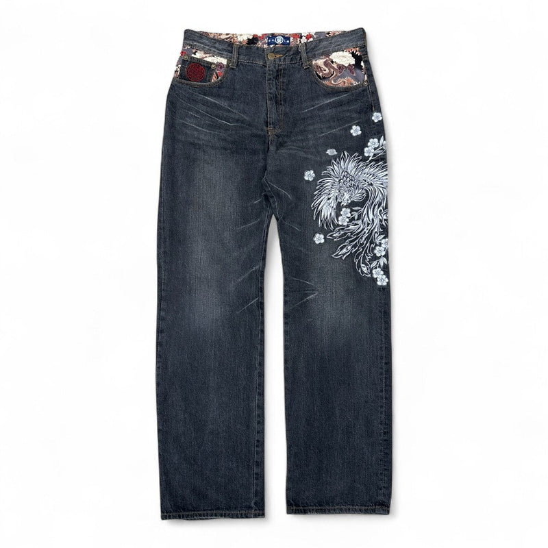 Karakuri Japanese Flower Denim Jeans - vintageconcierge