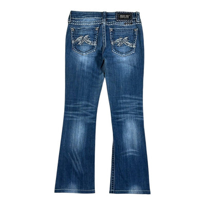 Miss Me Y2K Low Waist Bootcut Jeans in Größe S, denim Hose mit niedriger Taille und ausgestelltem Bein, detailreiche Nähte sichtbar