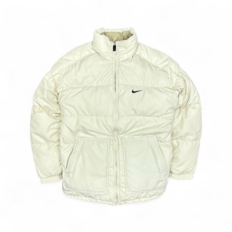 Nike Vintage 90s Rare Center - Swoosh Puffer Jacke Beige - vintageconcierge