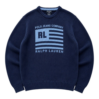 Polo Jeans Co. Ralph Lauren Vintage Flag Knit Sweater – Navy Blue | L - vintageconcierge