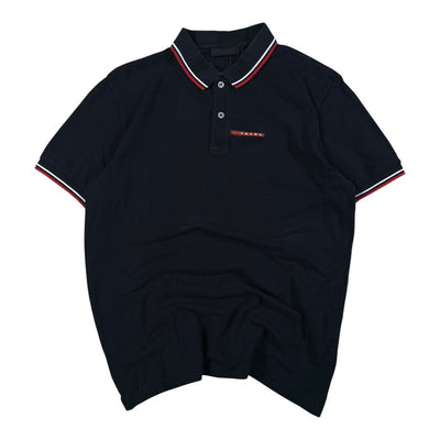 Prada Black Polo Shirt Logo Plaque Red Stripe Collar - vintageconcierge