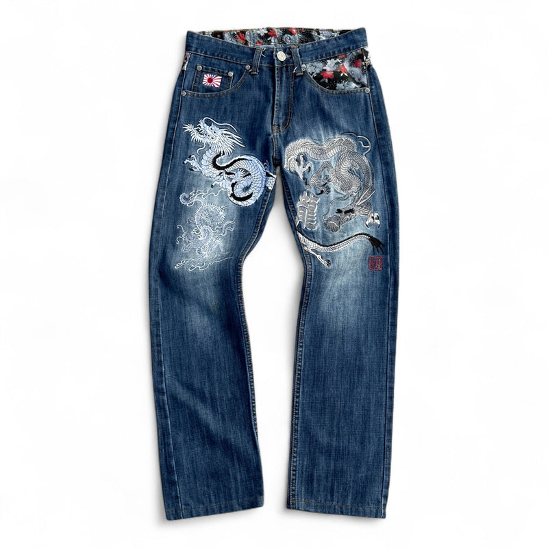 Raku Japan Dragon Denim – Full Embroidered Japanese Style Jeans - vintageconcierge