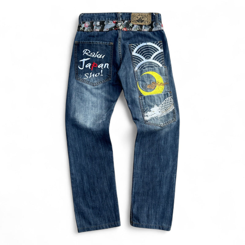 Raku Japan Dragon Denim – Full Embroidered Japanese Style Jeans - vintageconcierge