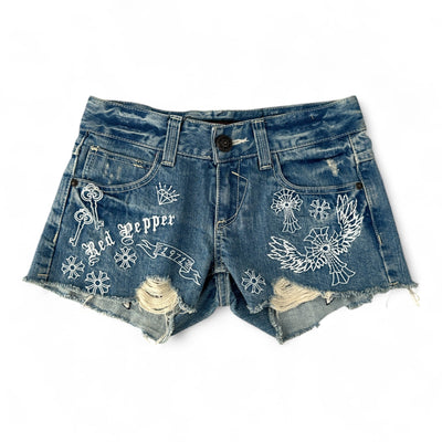 Red Pepper Denim Shorts – Embroidered Butterfly & Cross Y2K Style Hotpant Shorts - vintageconcierge