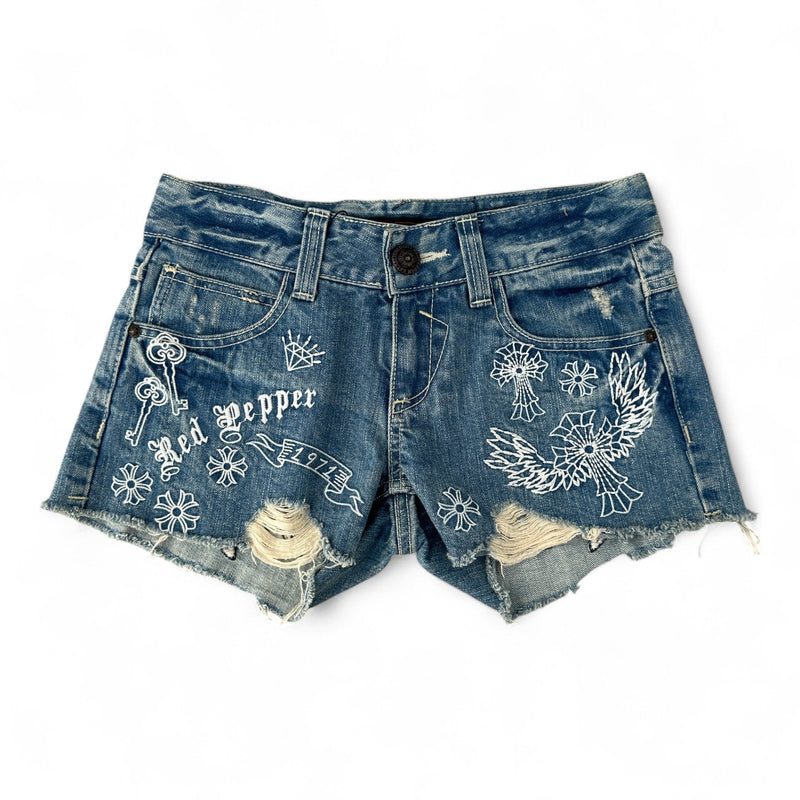 Red Pepper Denim Shorts – Embroidered Butterfly & Cross Y2K Style Hotpant Shorts - vintageconcierge