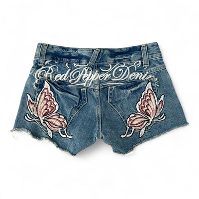 Red Pepper Denim Shorts – Embroidered Butterfly & Cross Y2K Style Hotpant Shorts - vintageconcierge