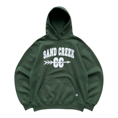 Vintage Russell Athletic Hoodie Sand Creek Grün in Größe L, weiches Material und sportlicher Stil, auf dem Bild sichtbar.
