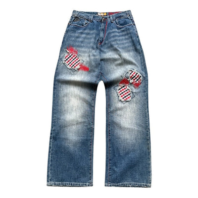 Vintage Akademiks Patchwork Baggy Jeans W32, lockere Damenshorts mit auffälligem Patchwork-Design, Denim-Jeans im Vintage-Stil