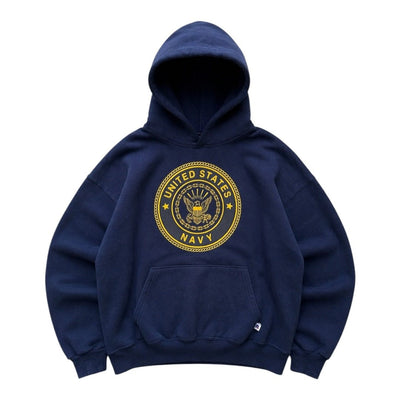 Vintage SOFFE US Navy Hoodie in L, aus Baumwolle, mit Retro-Design und Navy-Logo, hergestellt in den USA.