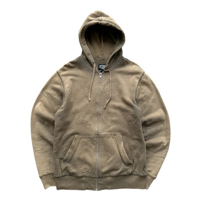 Vintage Stüssy Monogram Embossed Full-Zip Hoodie – Khaki/Olive | L - vintageconcierge