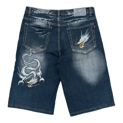 Y2K Dragon Embroidered Denim Jorts – Loose Fit Shorts mit Drachenstickerei - vintageconcierge